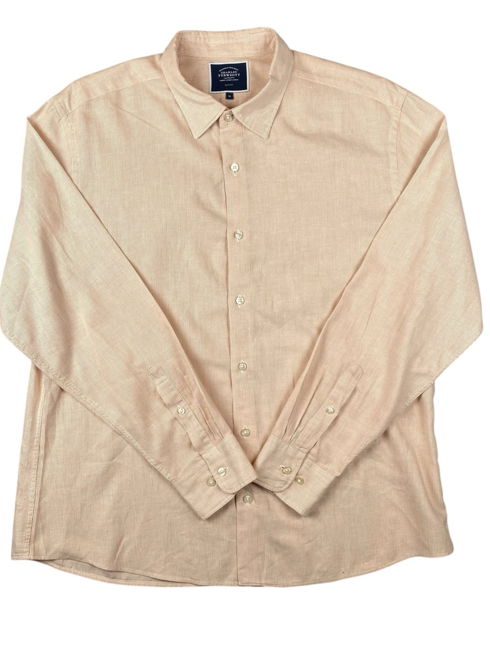 Charles Tyrwhitt XL Slim Fit Cotton Linen Button Up Shirt Orange Pin Striped